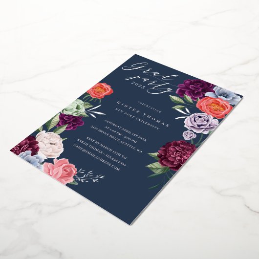 シックフローラ牡丹バラ花咲き卒業パーティー 箔招待状 (回転した状態)