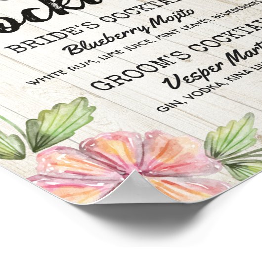 シックフローラ結婚のシグネチャーカクテルドリンクメニュー ポスター (角)