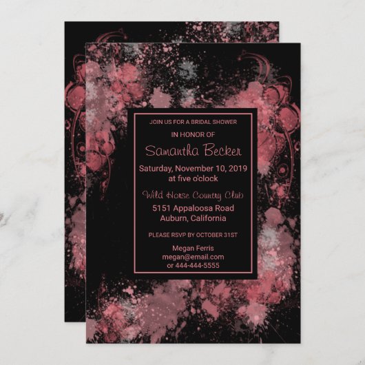 シックフローラ絵を描赤面(ばちゃばちゃ)跳ねるブライダルシャワー 招待状 (正面/裏面)