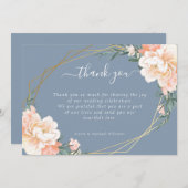 シックフローラ赤面ピーチ金ゴールドダスティブルー結婚ズ サンキューカード (正面/裏面)