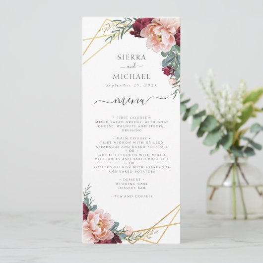 シックフローラ赤面ブルゴーニュ金ゴールドウェディングレセプション メニュー (スタンド正面)