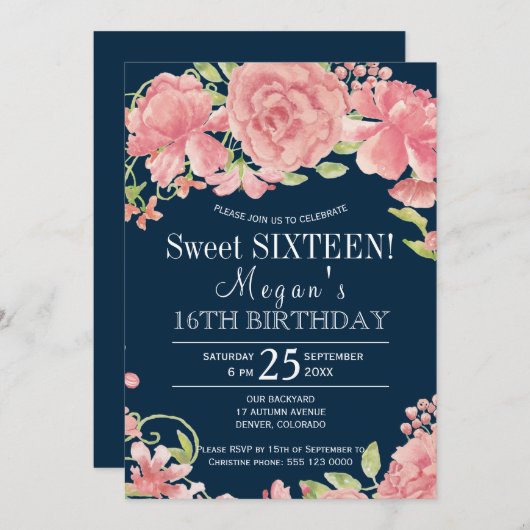 シックフローラ赤面牡丹オン海軍sweet sixteen 招待状 (正面/裏面)