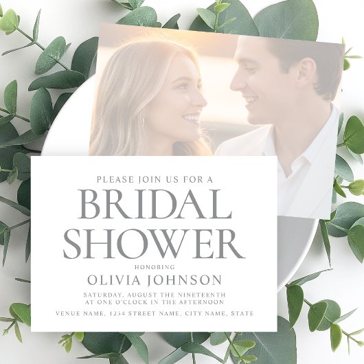 シックブライダルシャワーフォトタイポグラフィグレーホワイト 招待状