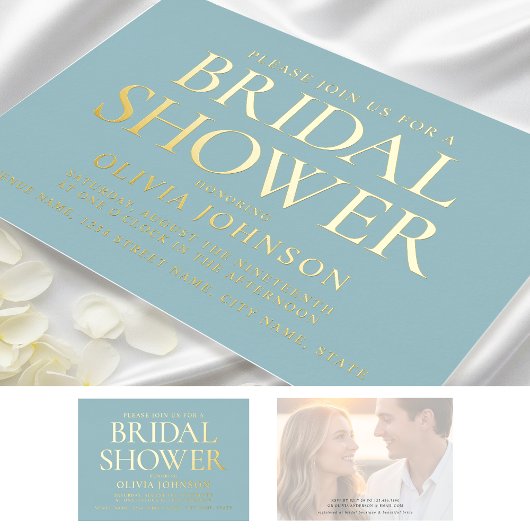 シックブライダルシャワーフォトタイポグラフィティール（緑がかった色）金ゴールド 箔招待状