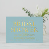 シックブライダルシャワーフォトタイポグラフィティール（緑がかった色）金ゴールド 箔招待状 (立ち正面)