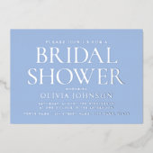 シックブライダルシャワーフォトタイポグラフィブルーシルバー 箔招待状 (正面)