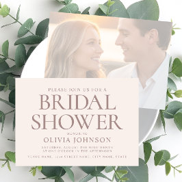 シックブライダルシャワーフォトタイポグラフィ淡い色のピンク 招待状