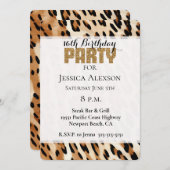 シックブラウンクリームレオパード金ゴールドグリッターパーティー 招待状 (正面/裏面)