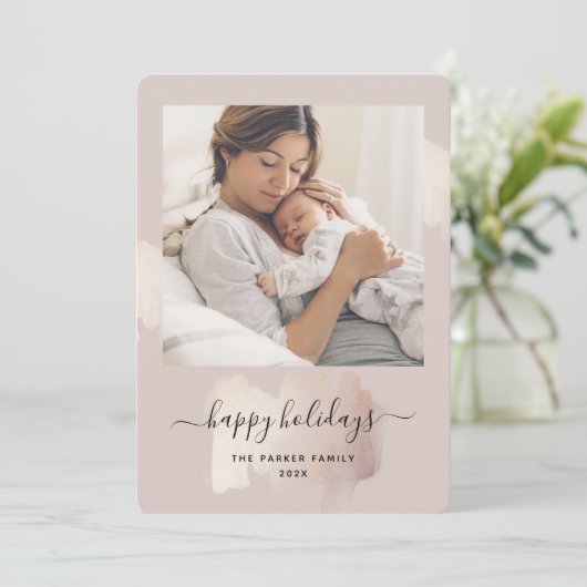 シックブラシストローク |ハッピーホリデーズフォトクリスマス シーズンカード (スタンド正面)