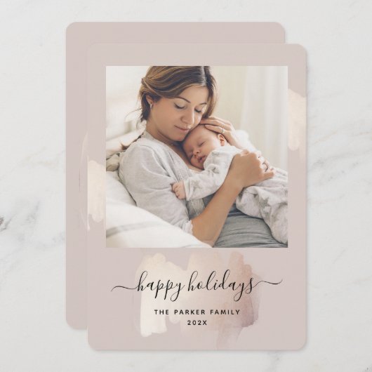 シックブラシストローク |ハッピーホリデーズフォトクリスマス シーズンカード (正面/裏面)