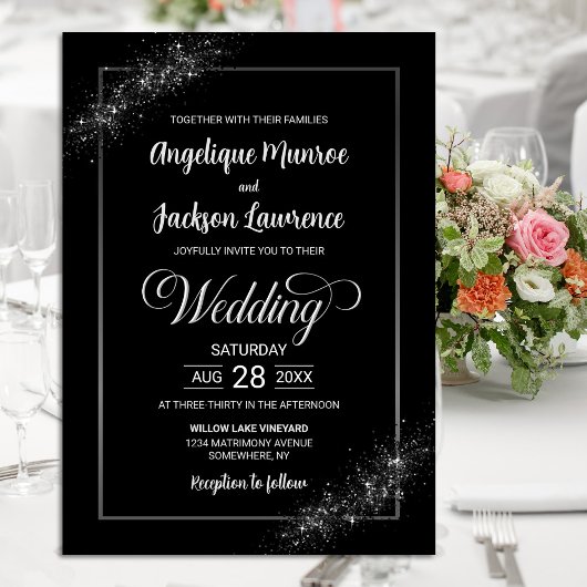 シックブラックグリッター結婚ズ 招待状