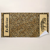 シックブラックタン金ゴールドレオパードパーソナライズされた ビーチタオル (正面)