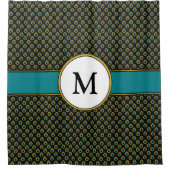 シックブラックティール(緑がかった色)金ゴールドピーコックプリントモカスタムノグラム シャワーカーテン (正面)