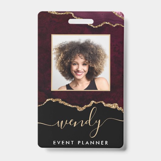 シックブラックバーガンディレッド金ゴールドグリッターアゲート写真 バッジ (Front)