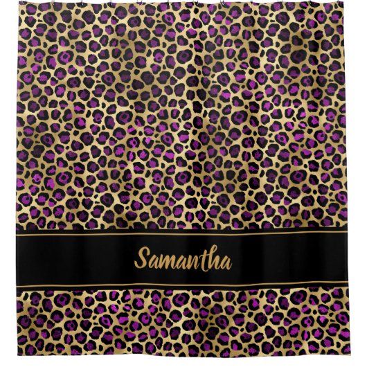 シックブラックパープル金ゴールドヒョウパーソナライズされたプリント シャワーカーテン (正面)