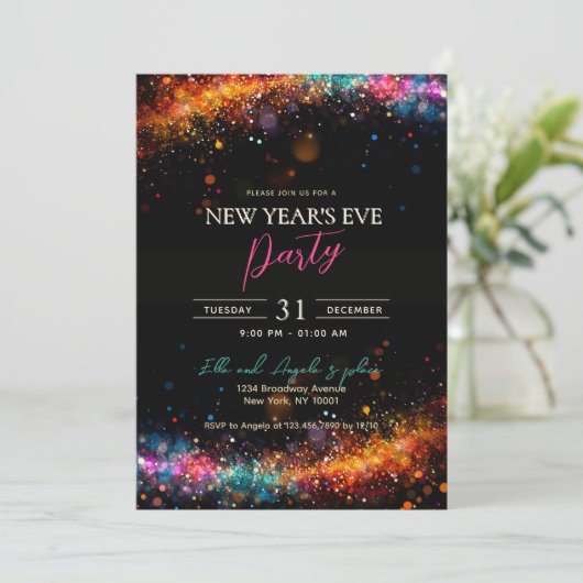 シックブラックレインボーグリッターニューイヤーズイブパーティー 招待状 (スタンド正面)