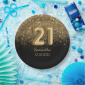 シックブラック金ゴールドグリッタースパークル21誕生日 ペーパープレート (パーティー)
