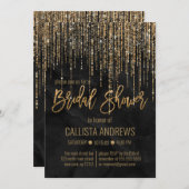 シックブラック金ゴールドグリッターパールマーブルブライダルシャワー 招待状 (正面/裏面)