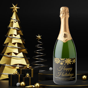 シックブラック金ゴールドスノーフレークカスタムホリデーパーティー スパークリングワインラベル