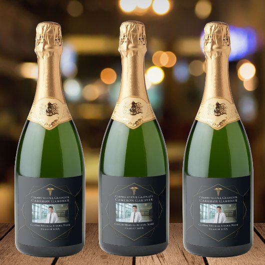 シックブラック金ゴールド医学学校卒業パーティー スパークリングワインラベル