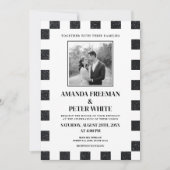 シックブラック&ホワイトグリッターチェッカーボ結婚ード 招待状 (正面)