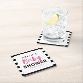 シックブラック&ホワイトストライプピンクベビーシャワー スクエアペーパーコースター (インサイチュ)