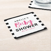 シックブラック&ホワイトストライプピンクベビーシャワー スクエアペーパーコースター (アングル)