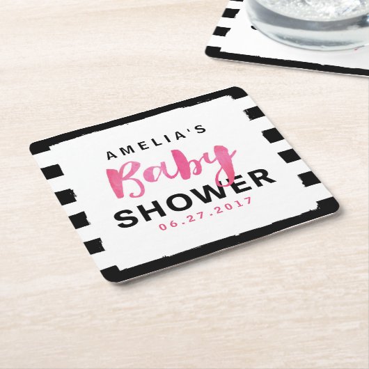 シックブラック&ホワイトストライプピンクベビーシャワー スクエアペーパーコースター (アングル)