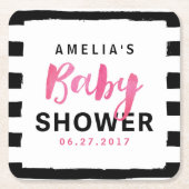 シックブラック&ホワイトストライプピンクベビーシャワー スクエアペーパーコースター (正面)