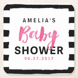 シックブラック&ホワイトストライプピンクベビーシャワー スクエアペーパーコースター