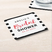 シックブラック&ホワイトストライプブライダルシャワー スクエアペーパーコースター (アングル)