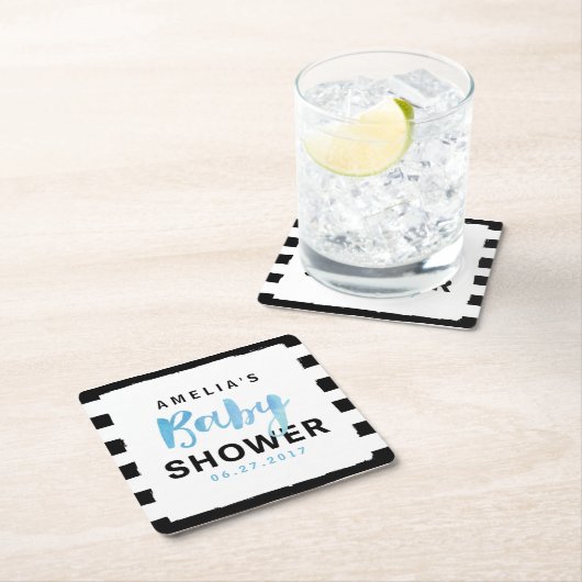 シックブラック&ホワイトストライプブルーベイビーシャワー スクエアペーパーコースター (インサイチュ)