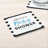 シックブラック&ホワイトストライプブルーベイビーシャワー スクエアペーパーコースター (アングル)