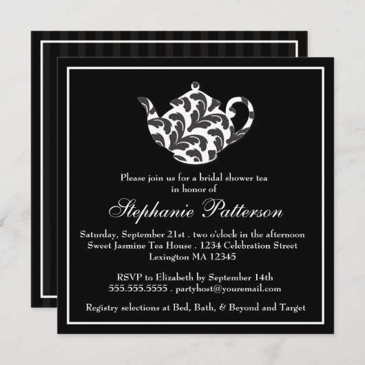 シックブラック&ホワイトダマスクブライダルシャワーティーパーティー 招待状 (正面/裏面)