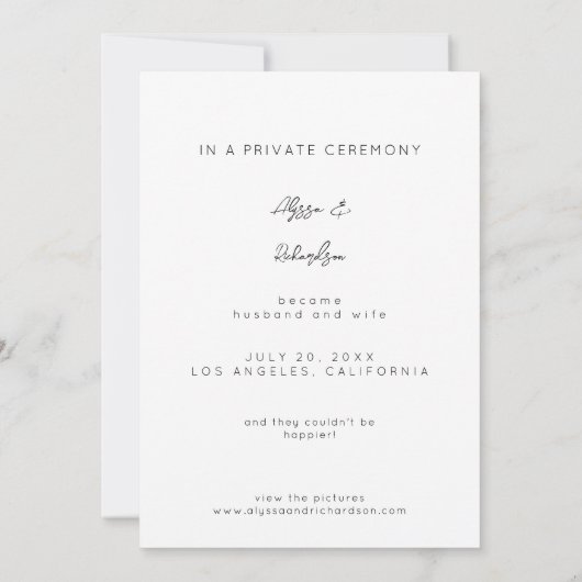 シックブラック&ホワイトフォトタイポグラフィたった今結婚しました 招待状 (裏面)