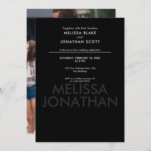 シックブラック&レッドローズテンプレート結婚式招待状 招待状 (正面/裏面)