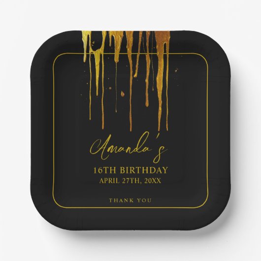 シックブラック&金ゴールドグリッタードリップススウィート16誕生日 ペーパープレート (正面)