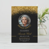 シックブラック&金ゴールドグリッターレディース60th誕生日 招待状 (スタンド正面)