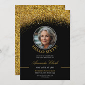 シックブラック&金ゴールドグリッターレディース60th誕生日 招待状 (正面/裏面)