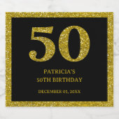 シックブラック&金ゴールドグリッター50th誕生日 スパークリングワインラベル (シングルラベル)