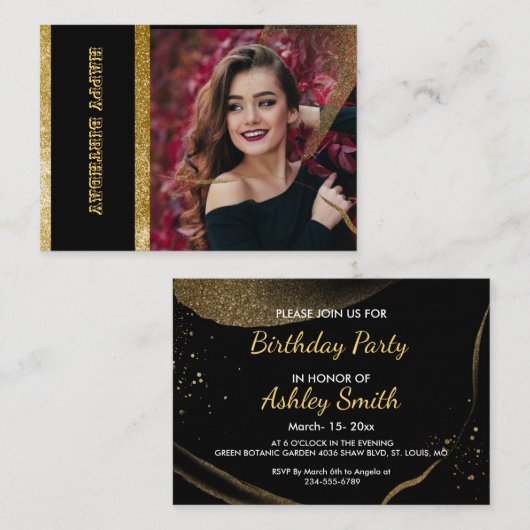 シックブラック&金ゴールドバースデーパーティー エンクロージャーカード (正面/裏面)