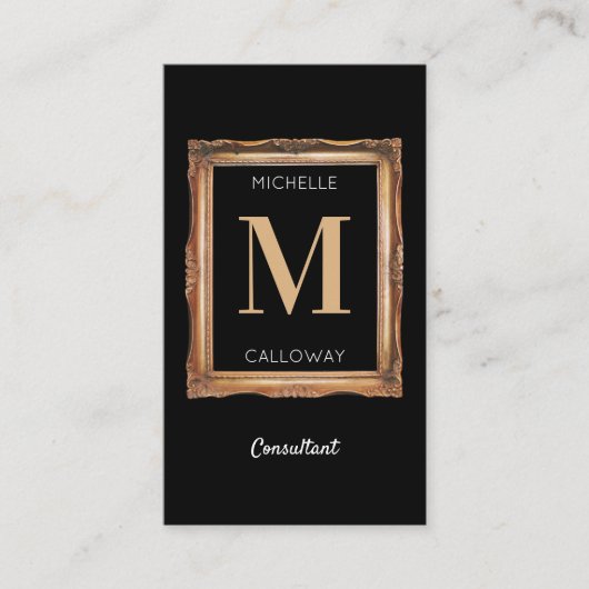 シックブラック&金ゴールドモノグラムプロフェッショナル 名刺 (正面)