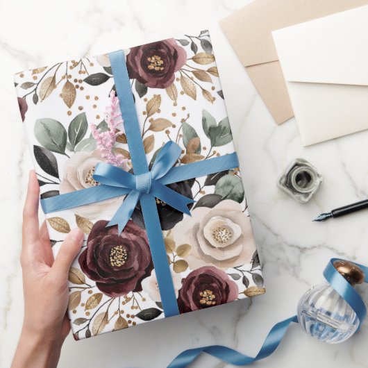 シックブルガンディクリームフローラブライダルシャワー ラッピングペーパー (ギフト)