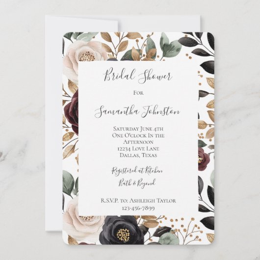 シックブルガンディクリームフローラブライダルシャワー 招待状 (正面)