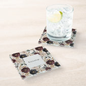 シックブルガンディクリームフローラ ガラスコースター (アングル)