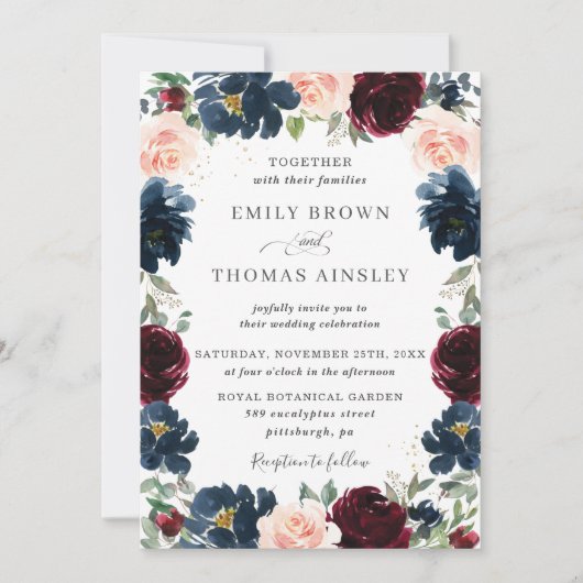 シックブルガンディネイビーブルー赤面フローラ結婚ズ 招待状 (正面)