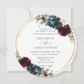 シックブルガンディネイビーブルー赤面フローラ結婚ズ 招待状 (正面)