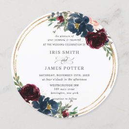 シックブルガンディネイビーブルー赤面フローラ結婚ズ 招待状