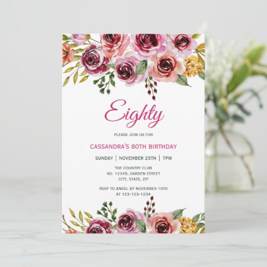 シックブルガンディパープルバラグリーナリー誕生日 招待状 (スタンド正面)