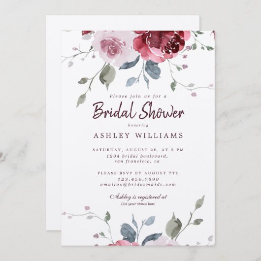 シックブルガンディピンクローズブライダルシャワー 招待状 (正面/裏面)